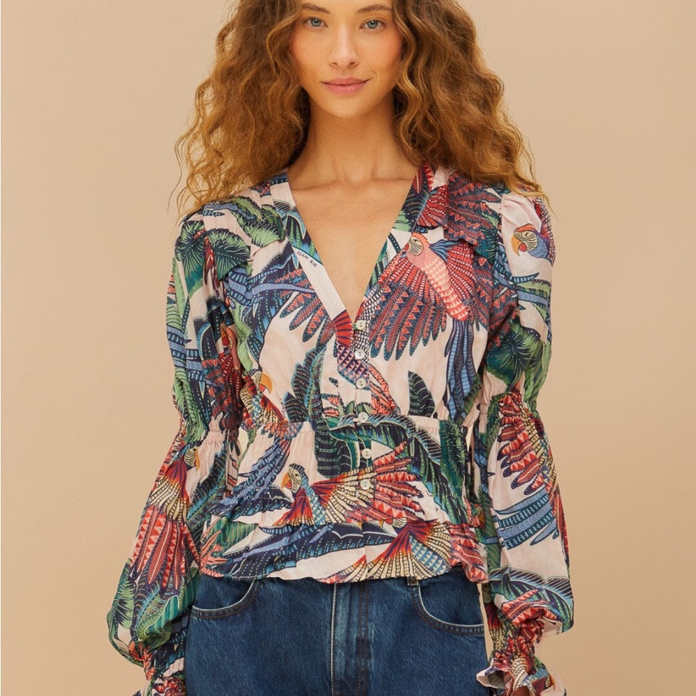 NWOT FARM Rio Multicolor Parrot Print Blouse